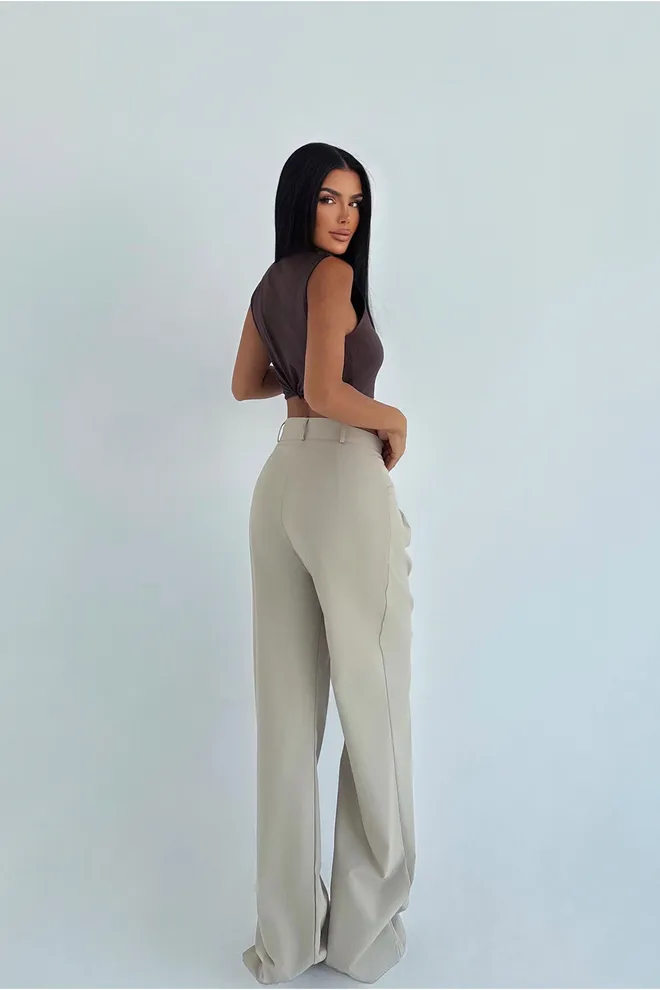 EYYO ATELIER Beige Palazzo Hose Mit Hoher Taille Großhandelskleidung Lounge