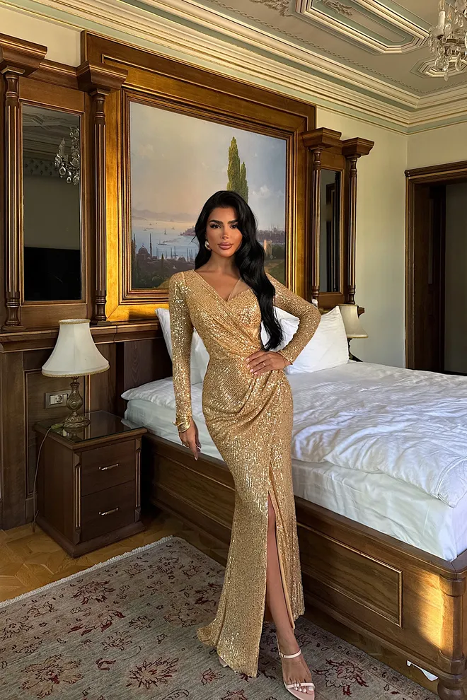 EYYO ATELIER Gold Glam Elegant Formal Wickel Kleid Großhandelskleidung Formal