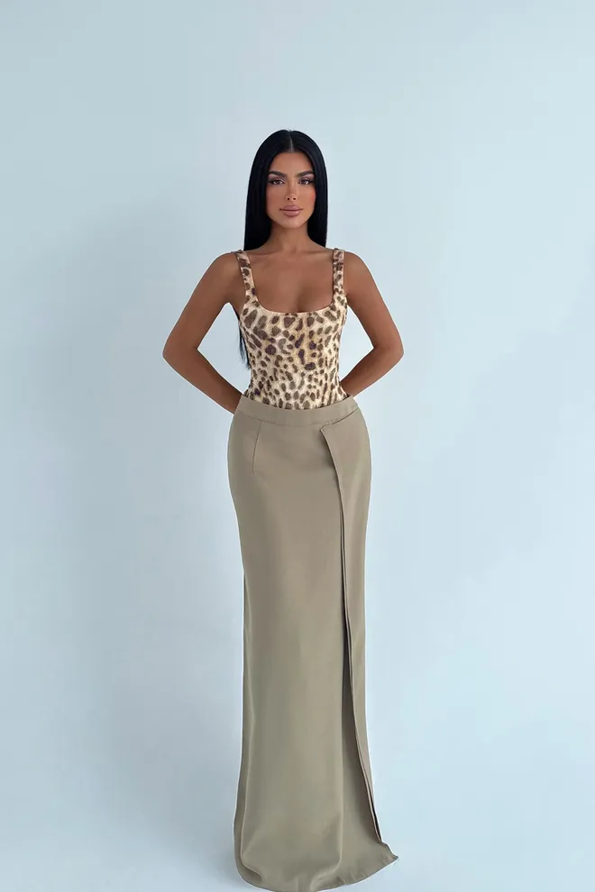 EYYO ATELIER Khaki Elegant High Waist Wrap Maxi Skirt Wholesale Clothing 1