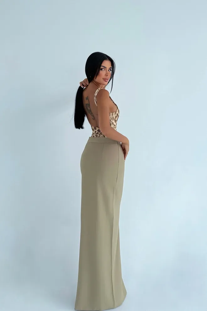 EYYO ATELIER Khaki Elegant High Waist Wrap Maxi Skirt Wholesale Clothing Work