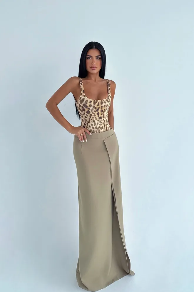 EYYO ATELIER Kaki Eleganten Visok Pas Ovitek Maxi Krilo Oblačila na debelo Seksi