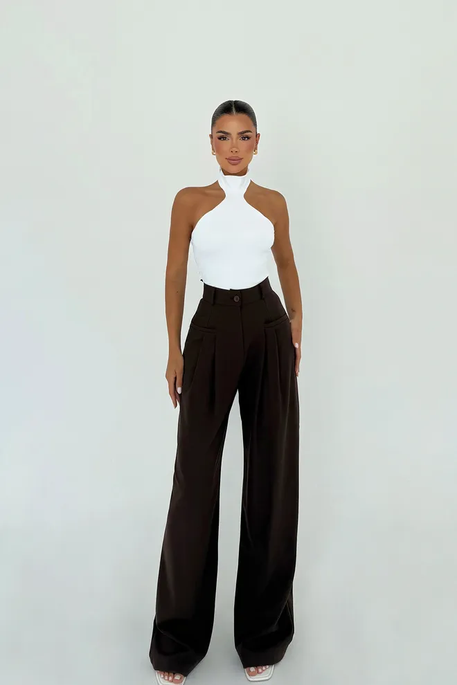 EYYO ATELIER Braune Palazzo Hose Mit Hoher Taille Und Weitem Bein Großhandelskleidung Arbeit