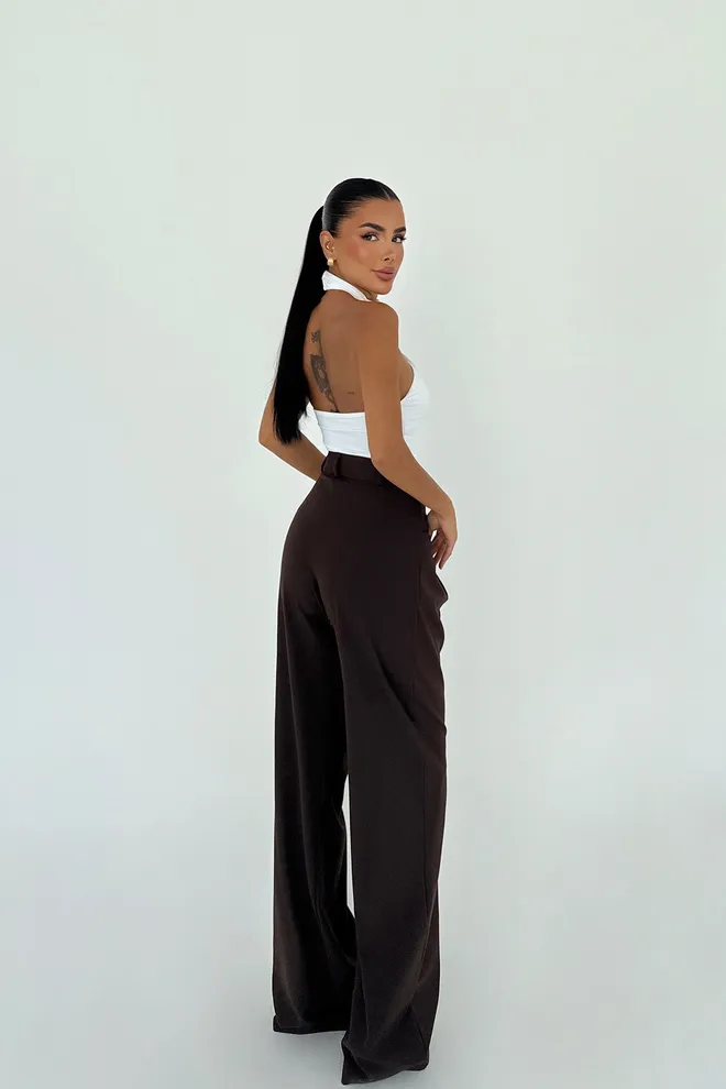 EYYO ATELIER Braune Palazzo Hose Mit Hoher Taille Und Weitem Bein Großhandelskleidung Frühling