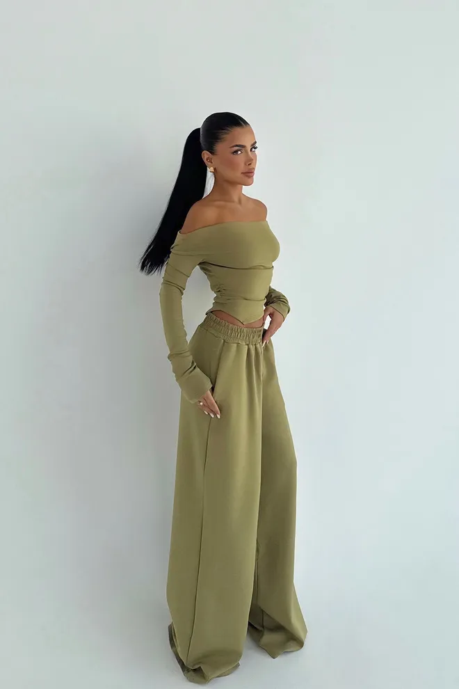EYYO ATELIER Conjunto Cáqui Elegante Casual Slim Fit Palazzo Roupas por atacado 1