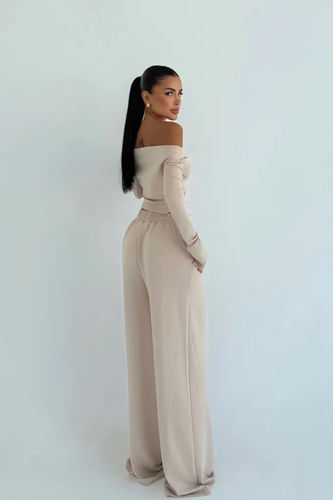 EYYO ATELIER Conjunto Casual Elegante Bege Com Calças Palazzo Roupas por atacado A relaxar