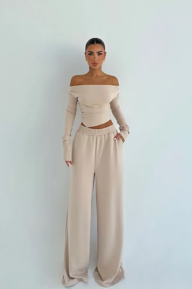 EYYO ATELIER Conjunto Casual Elegante Bege Com Calças Palazzo Roupas por atacado Casual