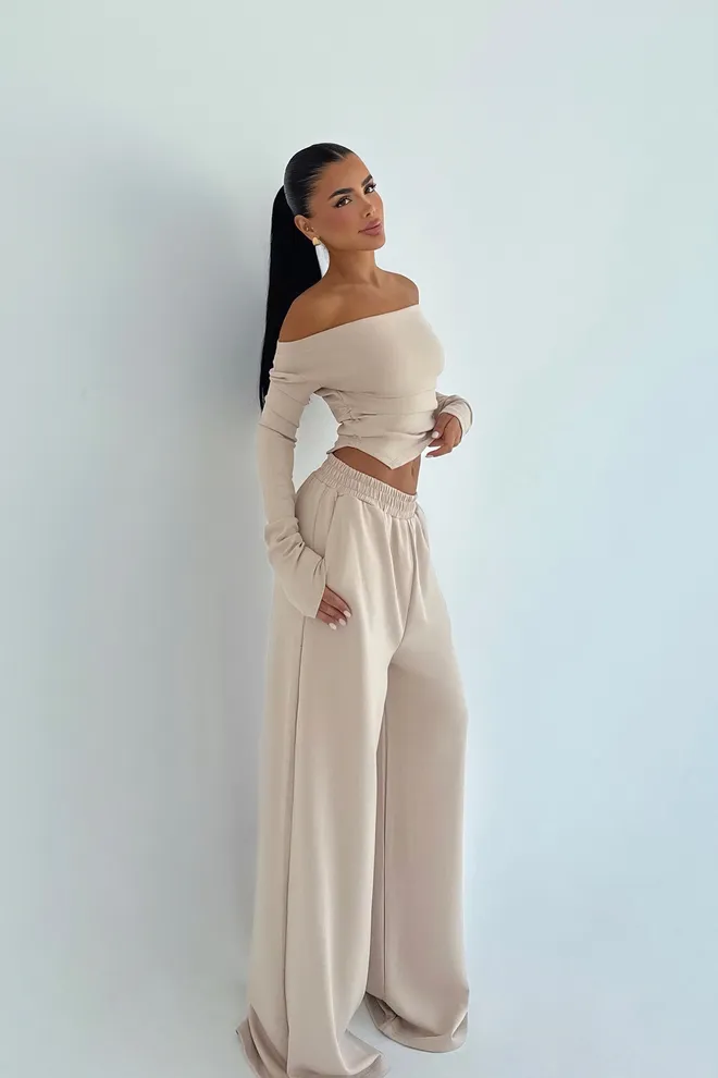 EYYO ATELIER Conjunto Casual Elegante Bege Com Calças Palazzo Roupas por atacado 1