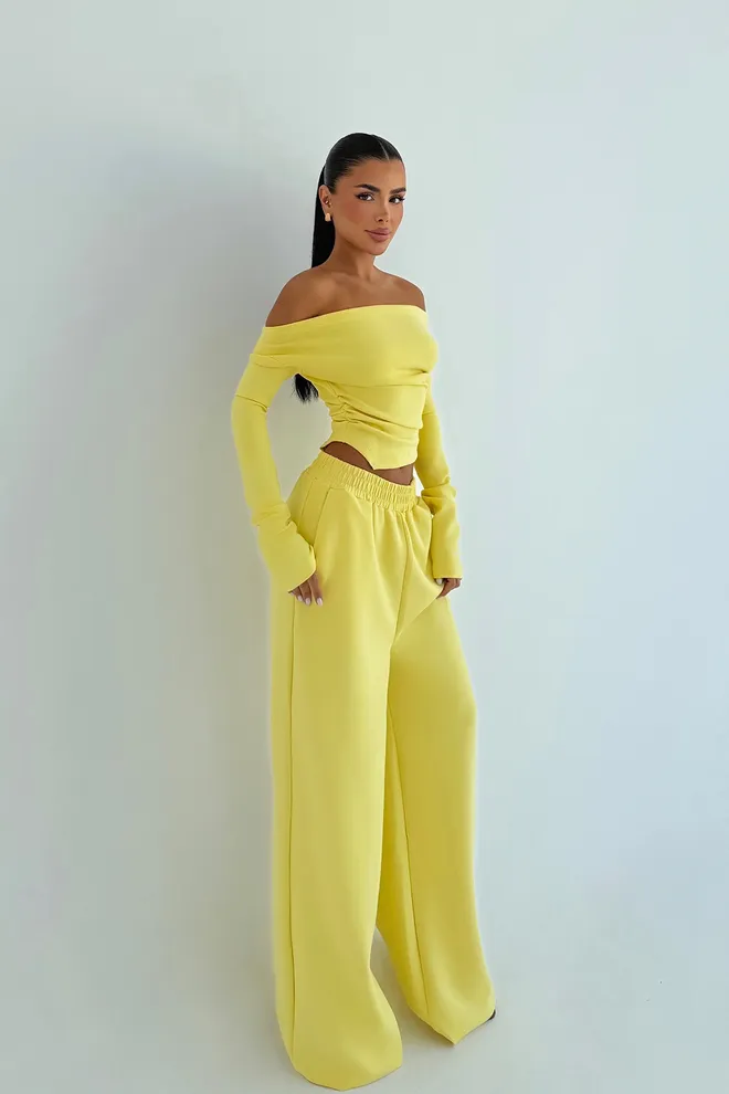 EYYO ATELIER Conjunto Casual Elegante Amarillo Con Pantalones Palazzo Ropa al por mayor Casual