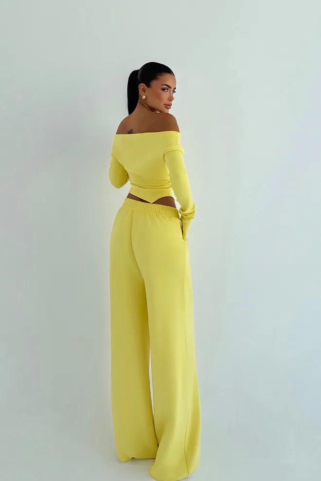 EYYO ATELIER Conjunto Casual Elegante Amarelo Com Calças Palazzo Roupas por atacado A relaxar