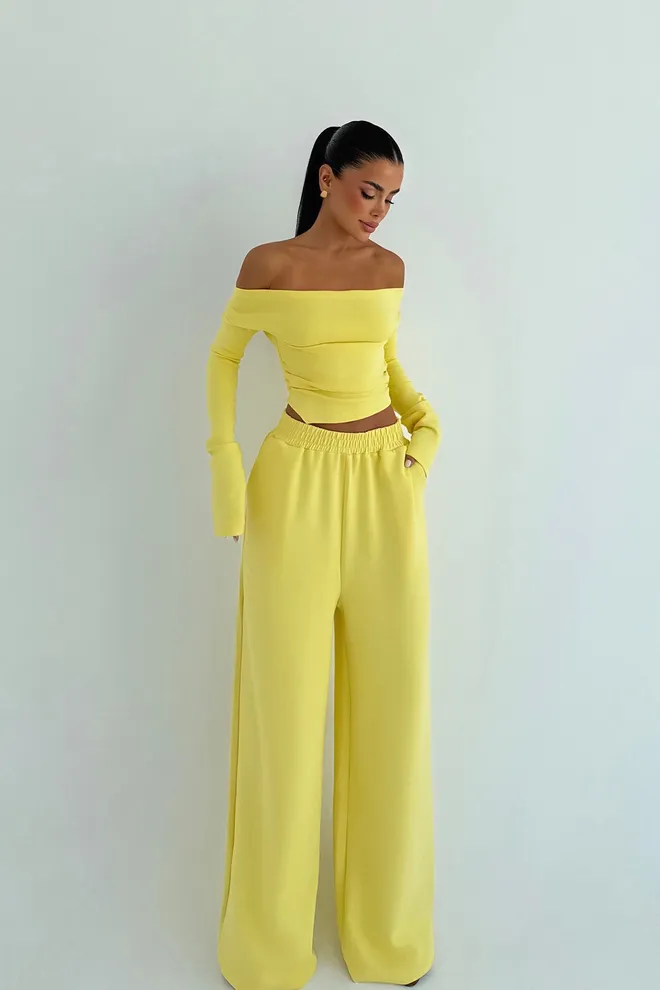 EYYO ATELIER Conjunto Casual Elegante Amarelo Com Calças Palazzo Roupas por atacado 1
