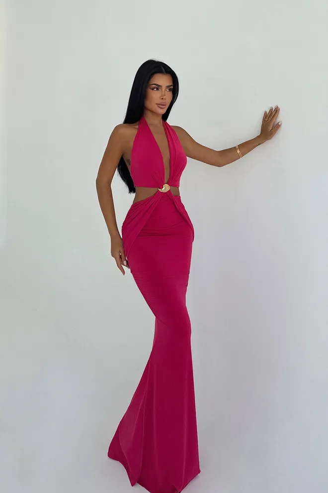 EYYO ATELIER Fuchsia Sleeveless Bodycon Dress With Halter Neck Wholesale Clothing Sexy