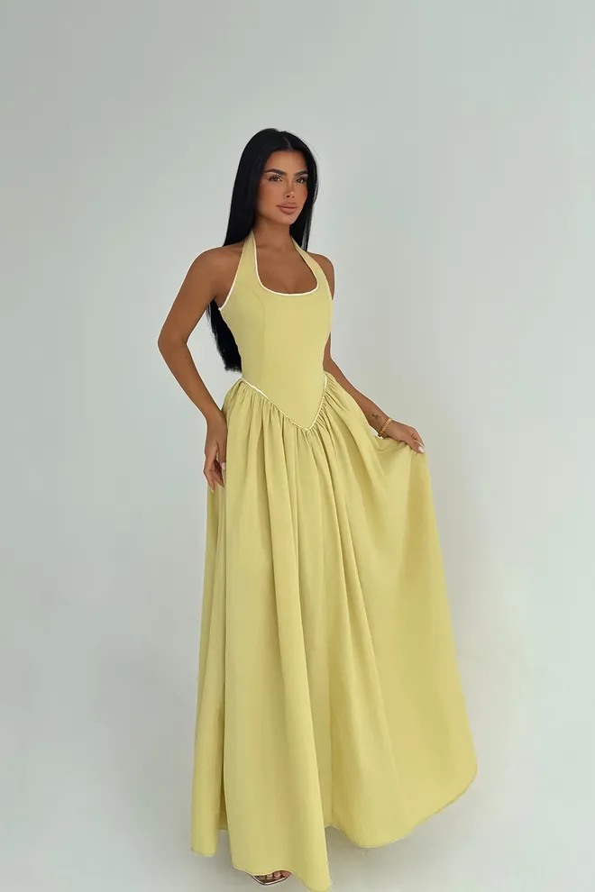 EYYO ATELIER Giallo Vestito Fit And Flare Scollo All'americana Fino Al Pavimento Abbigliamento all'ingrosso Sexy