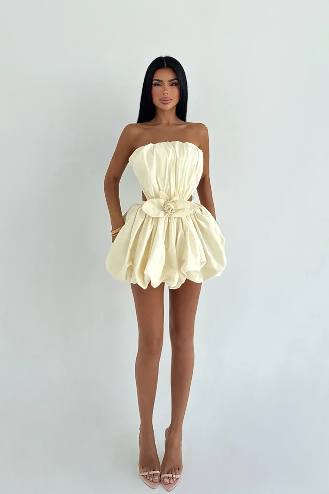 EYYO ATELIER Beżowa Mini Sukienka Bandeau Bez Ramiączek Hurtowa sprzedaż odzieży Seksowny