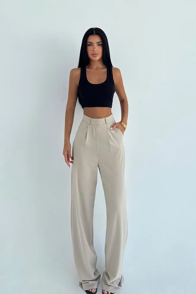 EYYO ATELIER Beige Elegante Formele Casual Palazzo Broek Groothandel Kleding Casual