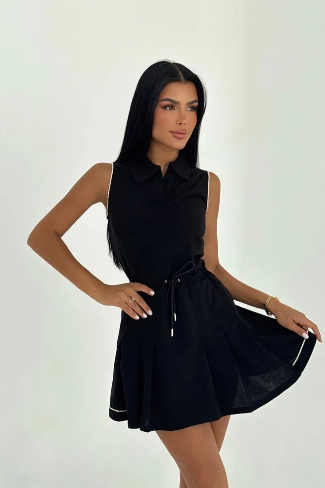 EYYO ATELIER Μαύρο Μίνι Φόρεμα Fit And Flare Με Λαιμόκοψη Πόλο Χονδρικό εμπόριο ενδυμάτων Casual
