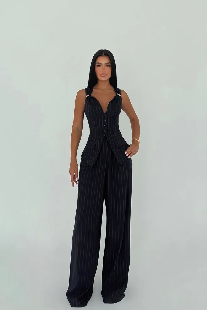 EYYO ATELIER Fato Preto Às Riscas Formal Slim Fit Sem Mangas Roupas por atacado Formal