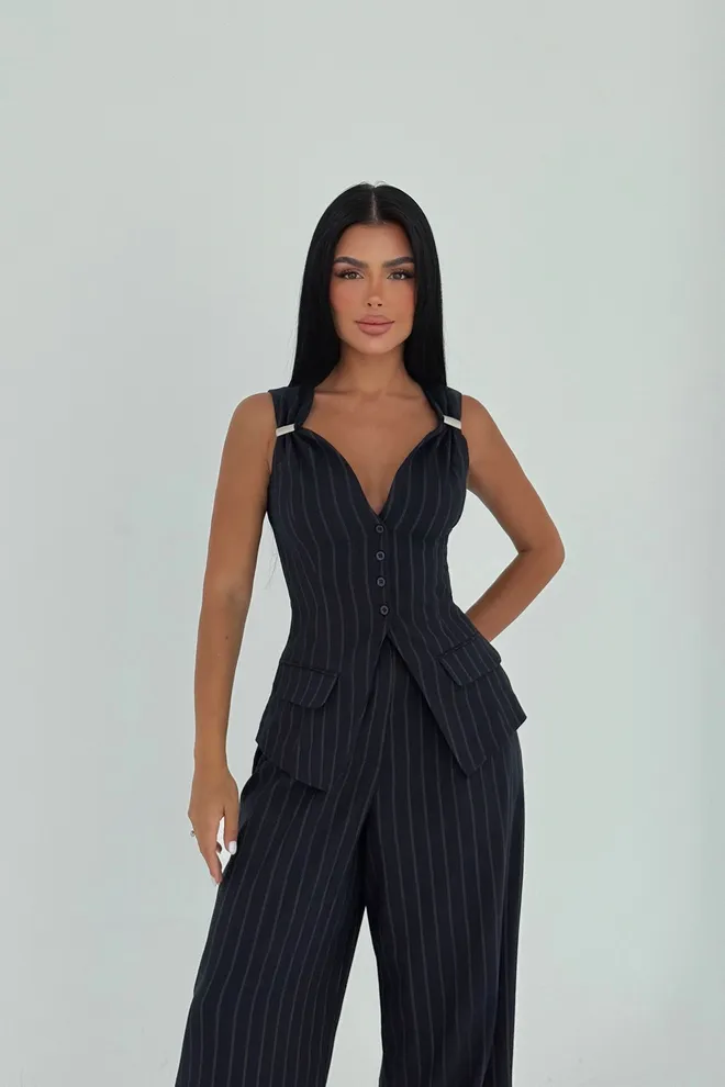 EYYO ATELIER Fato Preto Às Riscas Formal Slim Fit Sem Mangas Roupas por atacado 1