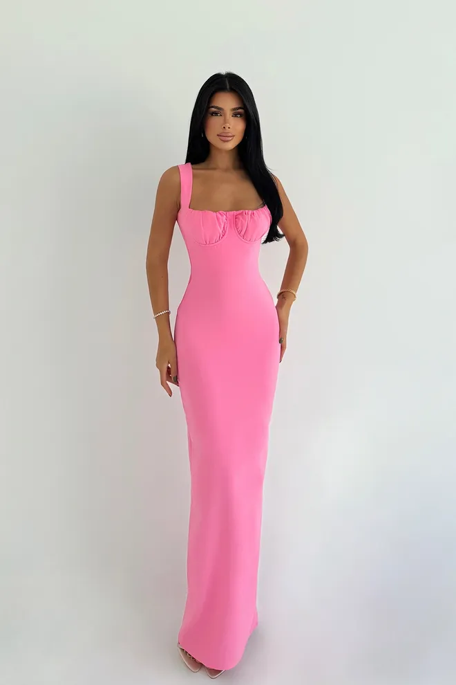 EYYO ATELIER Vestido Bodycon Cor de rosa Com Decote Quadrado E Mangas Japonesas Roupas por atacado Sensual