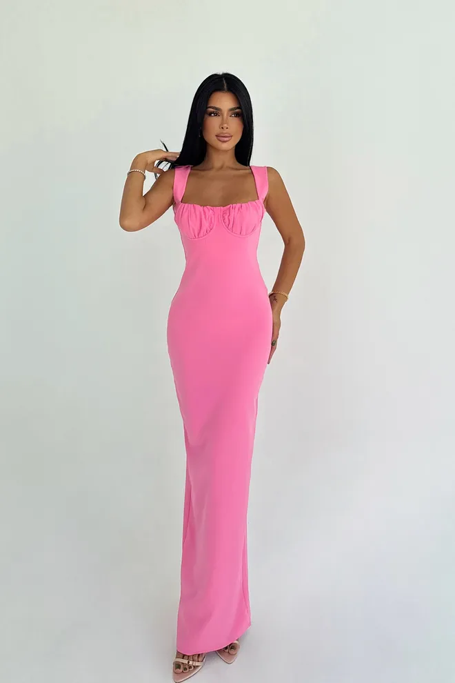 EYYO ATELIER Vestido Bodycon Cor de rosa Com Decote Quadrado E Mangas Japonesas Roupas por atacado 1