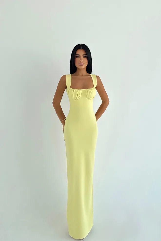 EYYO ATELIER Vestido Bainha Amarelo Elegante Com Decote Quadrado Roupas por atacado 1
