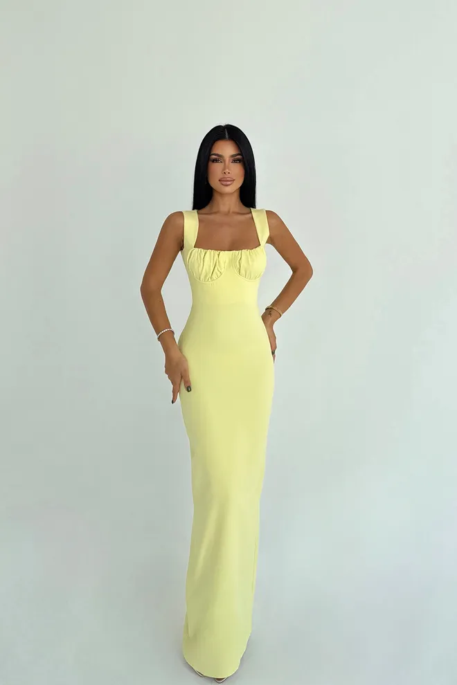 EYYO ATELIER Vestido Bainha Amarelo Elegante Com Decote Quadrado Roupas por atacado Vintage