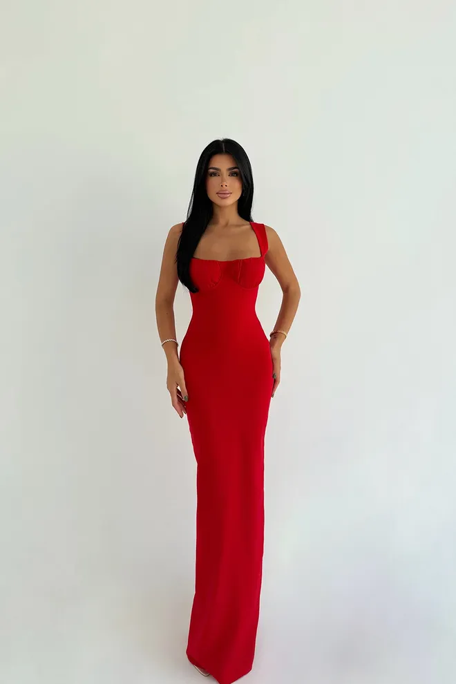 EYYO ATELIER Vestido Vermelho Glamoroso Elegante Bainha Roupas por atacado Sensual