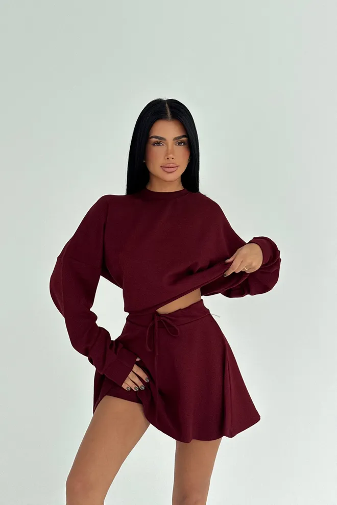 EYYO ATELIER Rinkinys Tamsiai Raudona Kasdienis Sportinis Elegantiškas Apsiaustas Mini Sijonas Didmeninė prekyba drabužiais Kokteilinė