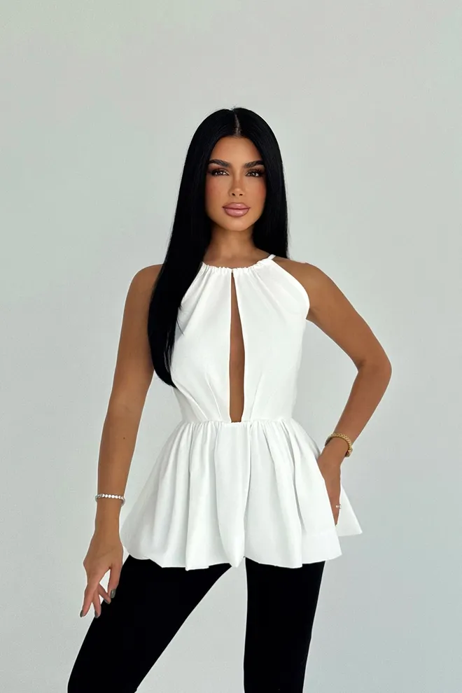 EYYO ATELIER Ασπρο Σέξι Κομψό Εφαρμοστό Crop Top Με Λαιμόκοψη Halter Και Πολύ Κοντό Μανίκι Χονδρικό εμπόριο ενδυμάτων Casual