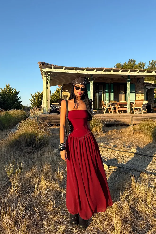 EYYO ATELIER Obleka Bordo Rdeča Brez Naramnic Bodycon Maksi Oblačila na debelo Ležerno