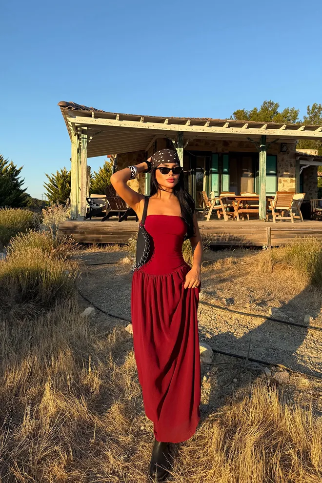 EYYO ATELIER Claret Red Strapless Bodycon Maxi Dress Wholesale Clothing Sexy