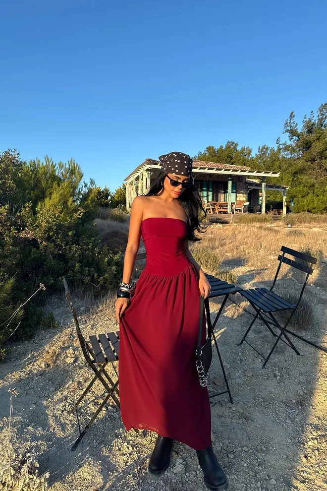 EYYO ATELIER Claret Red Strapless Bodycon Maxi Dress Wholesale Clothing 1