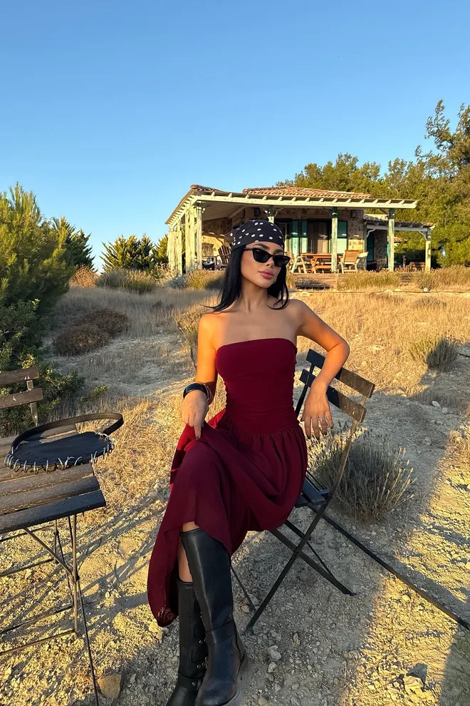 EYYO ATELIER Claret Red Strapless Bodycon Maxi Dress Wholesale Clothing Spring