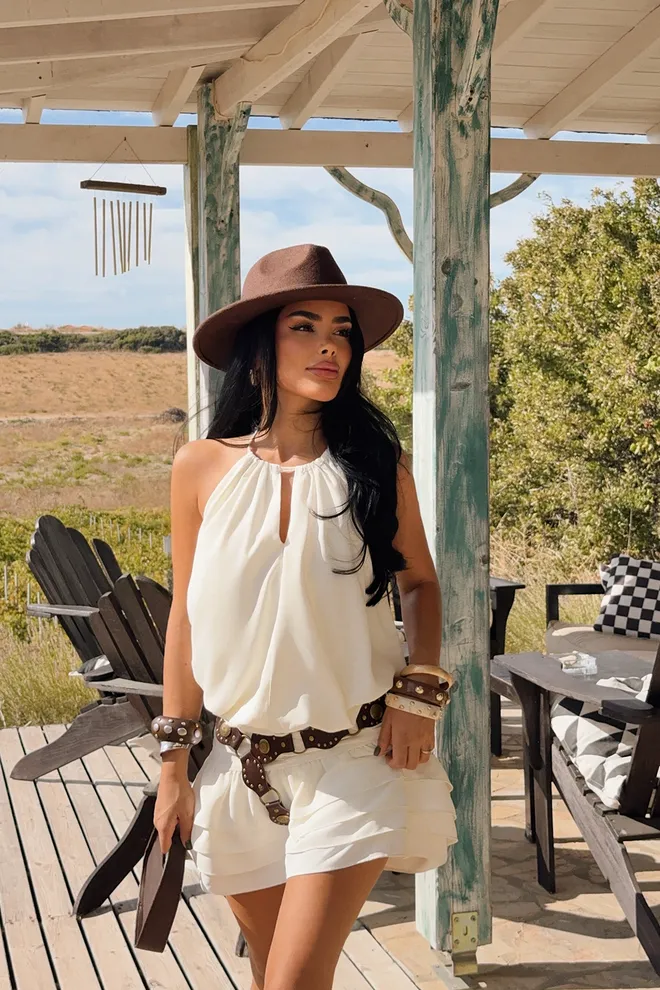 EYYO ATELIER White Boho Babydoll Mini Dress With Halter Neck Wholesale Clothing Beach