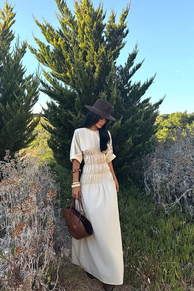 EYYO ATELIER Beige Modest Elegant Floor Length Shift Dress Wholesale Clothing Lounge