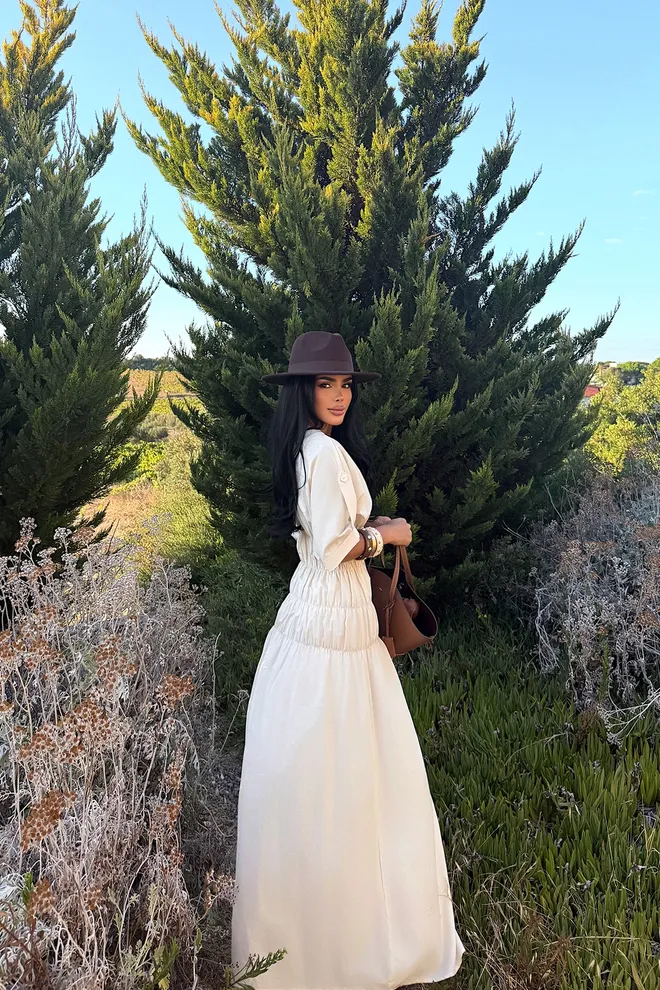 EYYO ATELIER Beige Modest Elegant Floor Length Shift Dress Wholesale Clothing Casual