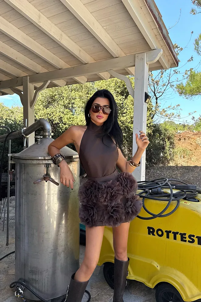 EYYO ATELIER Brown Glam Halter Neck Sheath Mini Dress Wholesale Clothing Birthday