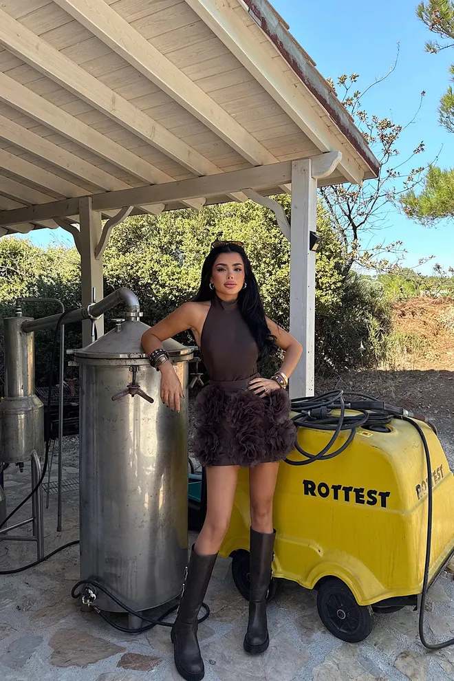 EYYO ATELIER Brązowa Glam Mini Sukienka Z Halter Dekoltem I Prostym Fasonem Hurtowa sprzedaż odzieży Seksowny