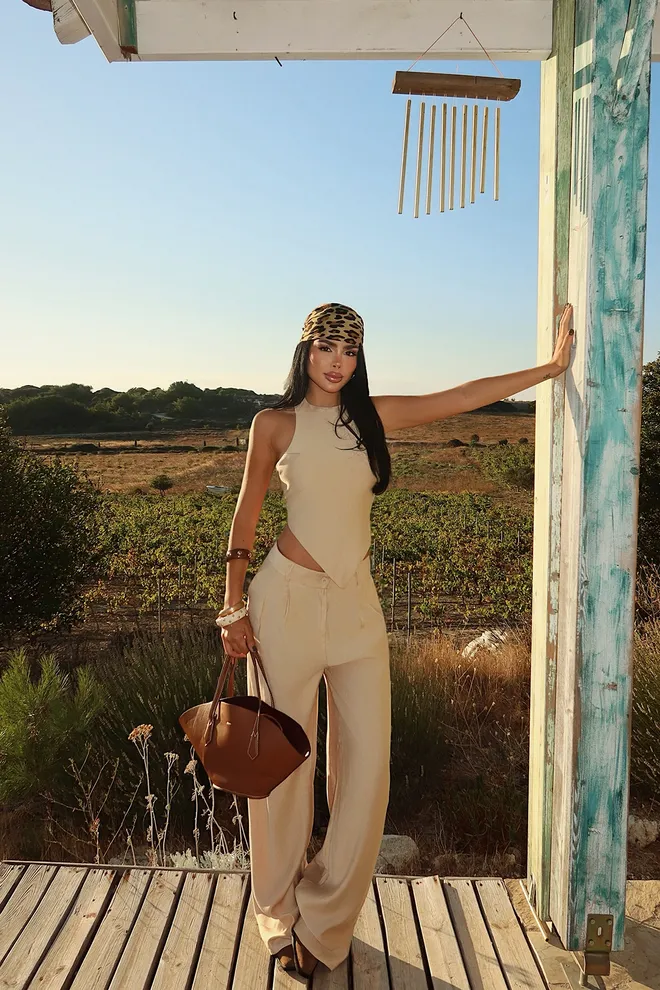 EYYO ATELIER Set Bej Elegant Boho Palazzo Cu Picior Larg Îmbrăcăminte cu ridicata Casual
