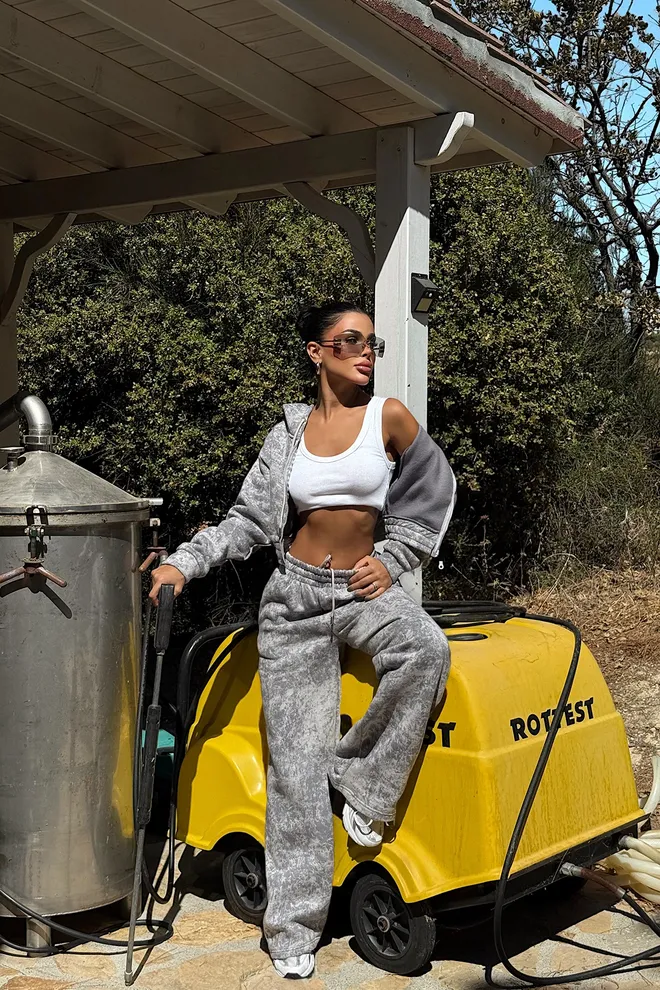 EYYO ATELIER Grey Tracksuit With Oversized Fit And Hooded Neck Wholesale Clothing 1