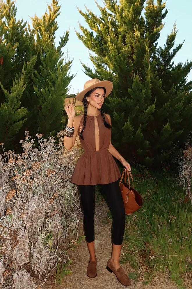 EYYO ATELIER Brown Halter Neck Sleeveless Blouse Wholesale Clothing Spring