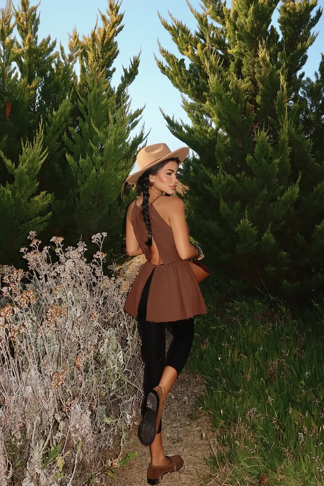 EYYO ATELIER Brown Halter Neck Sleeveless Blouse Wholesale Clothing Boho