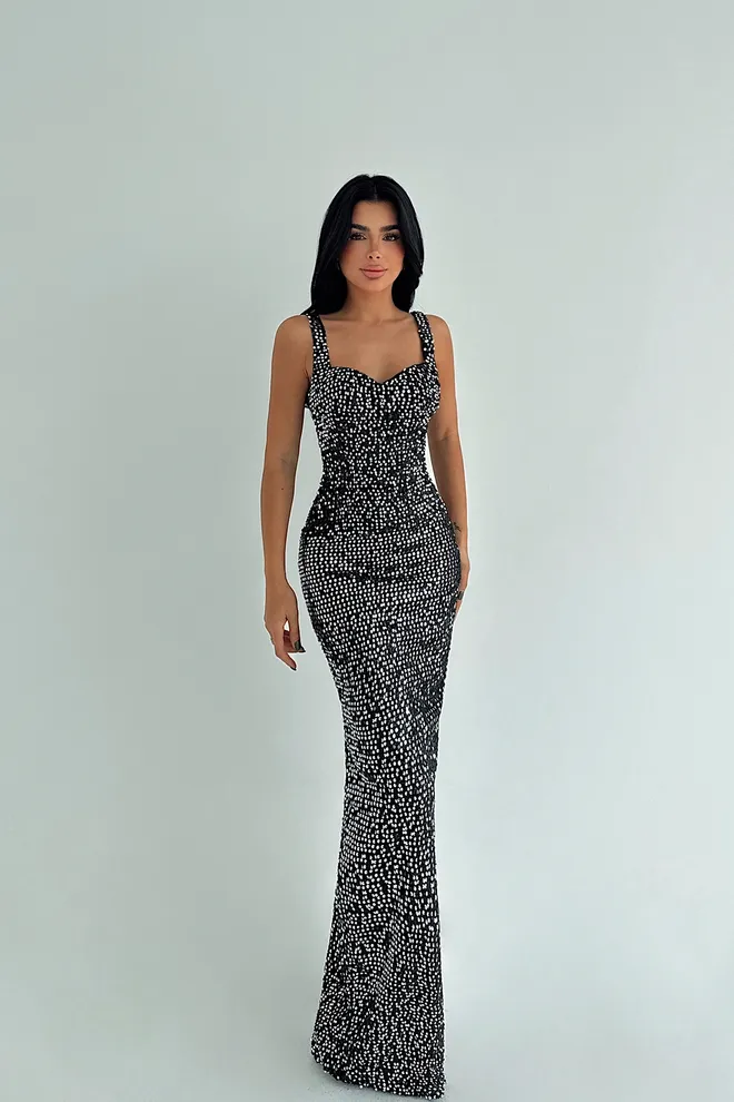 EYYO ATELIER Black Polka Dot Sleeveless Bodycon Floor Length Dress Wholesale Clothing 1