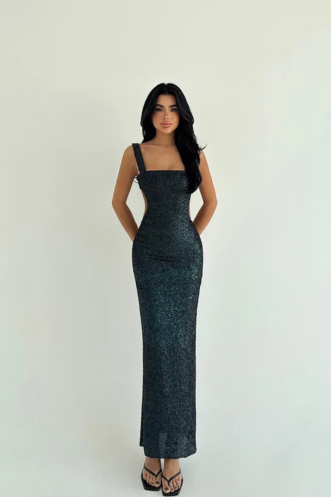 EYYO ATELIER Μαύρο Sequined Bodycon Φόρεμα Με Τετράγωνη Λαιμόκοψη Χονδρικό εμπόριο ενδυμάτων Σέξι
