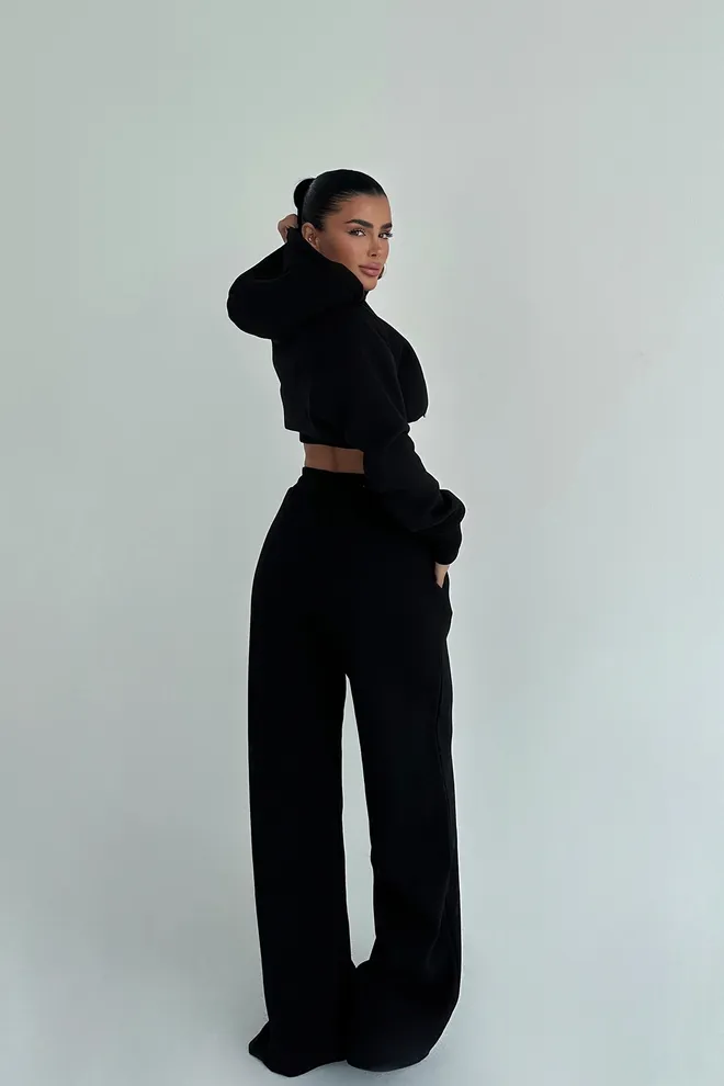 EYYO ATELIER Schwarz Trainingsanzug Oversized Passform Palazzo Hose Kapuzenpullover Großhandelskleidung Lounge