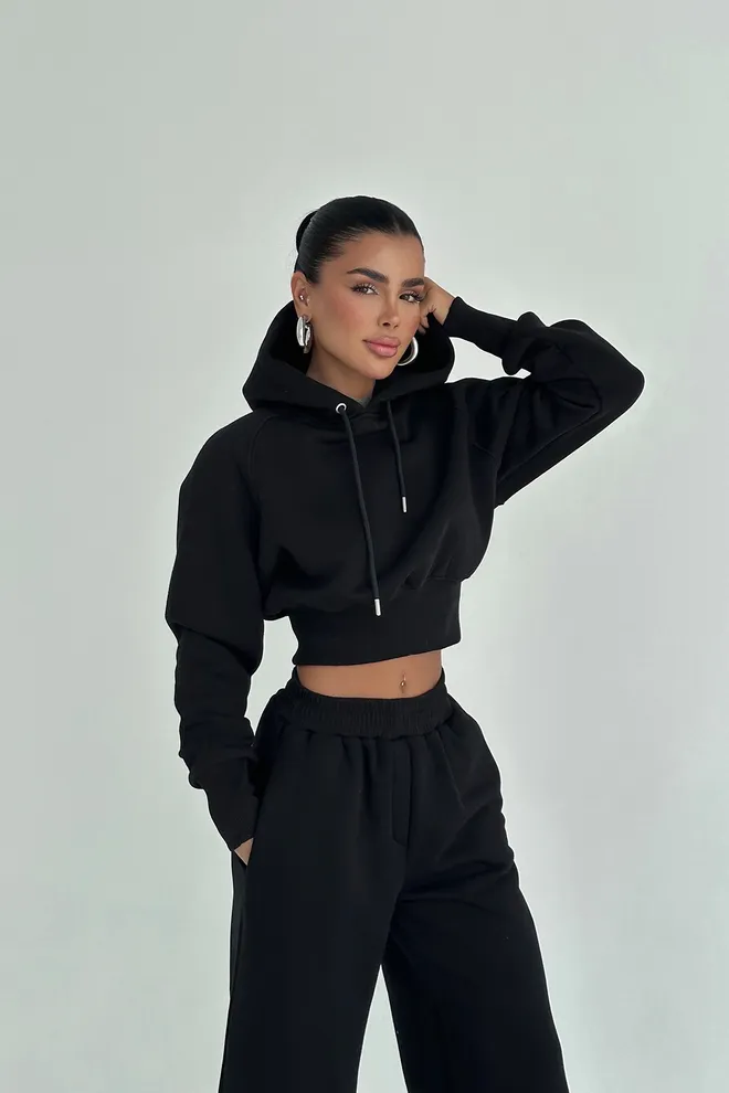 EYYO ATELIER Schwarz Trainingsanzug Oversized Passform Palazzo Hose Kapuzenpullover Großhandelskleidung 1