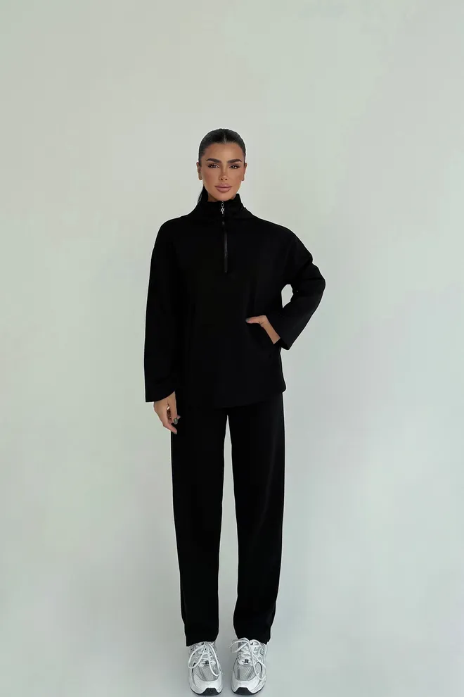 EYYO ATELIER Survêtement Noir Grande Taille Avec Poche Kangourou Vêtements en gros Décontracté