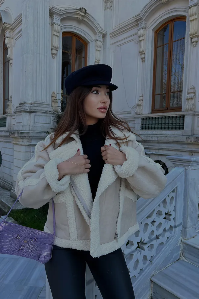 EYYO ATELIER Cappotto Bomber Teddy Beige Oversize Con Cerniera Abbigliamento all'ingrosso Casuale