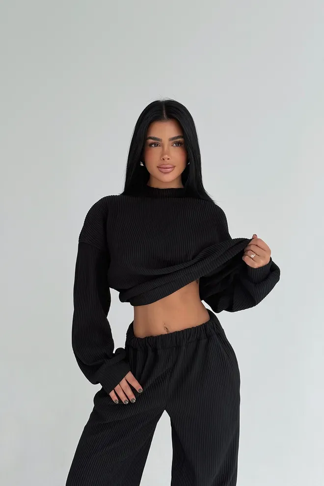 EYYO ATELIER Black Oversized Fit Striped Jogger Set Wholesale Clothing Casual