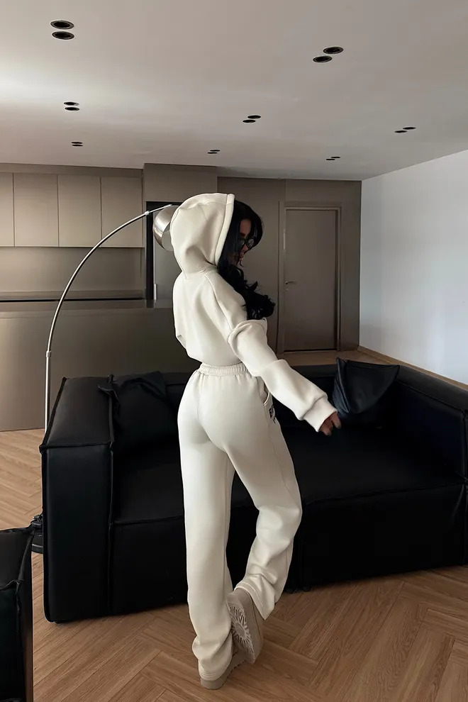 EYYO ATELIER Beige Oversized Fit Tracksuit With Kangaroo Pocket Wholesale Clothing 5