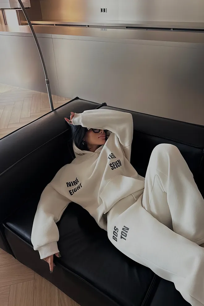 EYYO ATELIER Beige Oversized Fit Tracksuit With Kangaroo Pocket Wholesale Clothing Lounge
